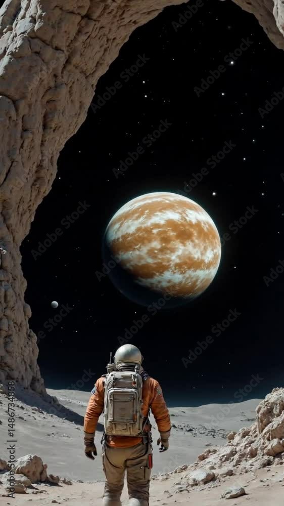 Astronaut Exploring Alien Landscape Under Rocky Arch with Gas Giant in Starry Space Sky