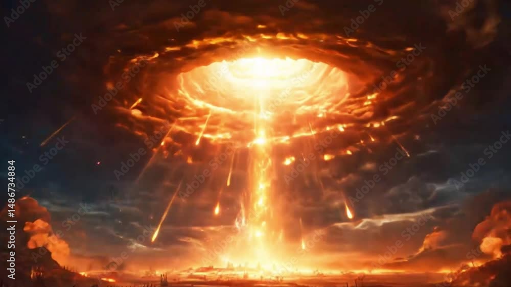 Blazing Celestial Impact Illuminates Volcanic Terrain Under Dramatic Skies in a Fiery Apocalyptic Landscape