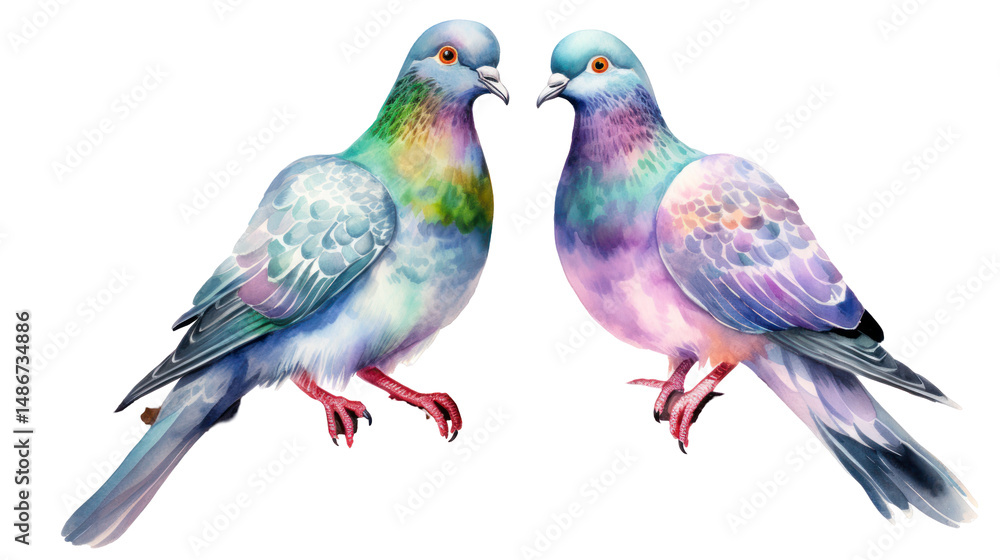 Obraz premium Watercolor Iridescent Pigeon Birds Clipart — Hand-Painted Urban Bird Illustration on Transparent Background