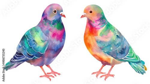 Watercolor Iridescent Pigeon Birds Clipart — Hand-Painted Urban Bird Illustration on Transparent Background

