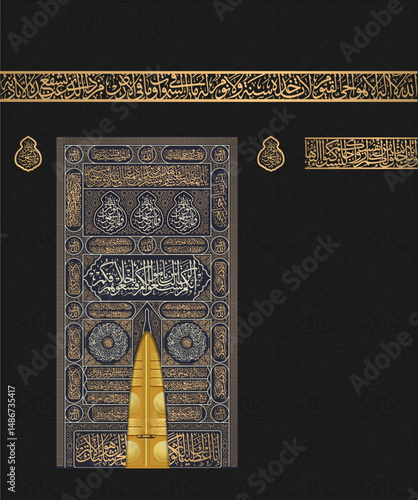 Realistic side of Kaaba With Kaaba door - the Grand Mosque of Mecca - all Arabic text is Quran verses decorations from the holy Quran 