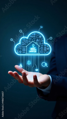 A person holding a glowing cloud icon representing cloud computing in a dark environment. The cloud is connected to various digital icons, indicating data and technology