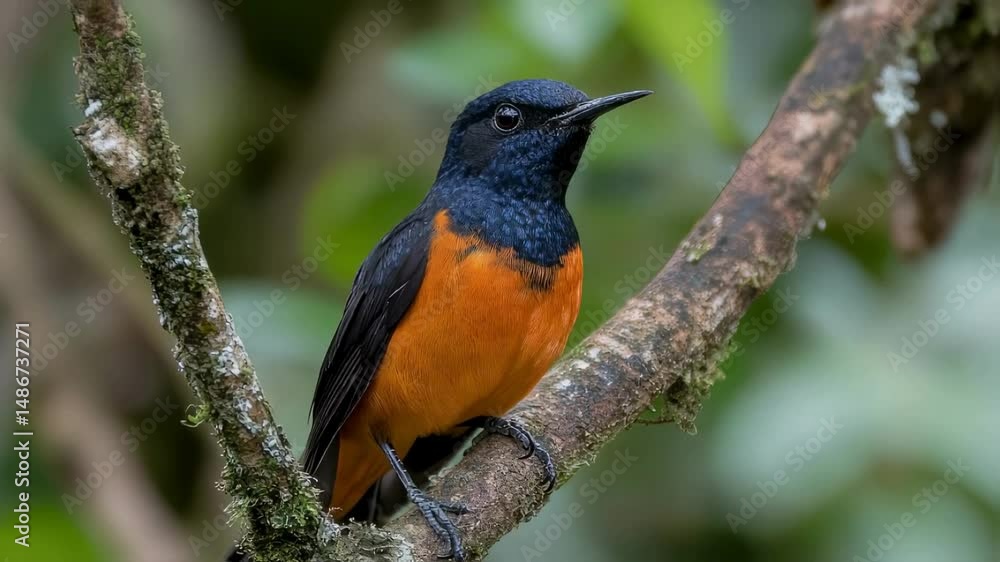 Vibrant Orange-breasted Bush Robin Perched on a Branch Vibrant Orange-breasted Bush Robin Perched on a Branch
