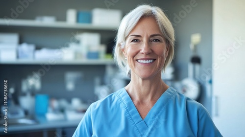 A friendly middle-aged female nurse wearing scrubs, smiling warmly in a medical environment. This portrait showcases professionalism and compassion in healthcare.