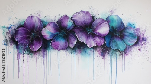 Purple and teal flowers in a painterly style.