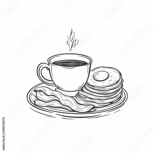 Classic Breakfast Still Life: Coffee, Pancakes, and Crispy Bacon