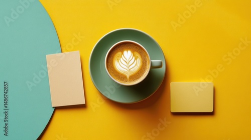 Latte art coffee cup with blank cards on yellow and green background