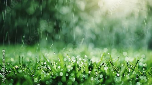 Serene outdoor scene of rain on lush green grass, with droplets glistening in sunlight, creating refreshing atmosphere of tranquility and natures beauty, enhanced by soft bokeh effects.