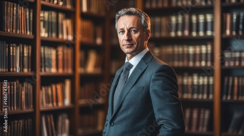 A distinguished middle-aged European man in formal attire stands confidently in a vintage library, exuding wisdom and professionalism against a backdrop of books.
