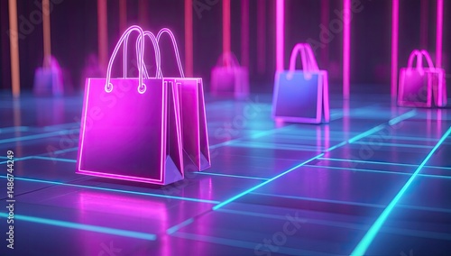 Shopping bags in neon light, digital marketplace