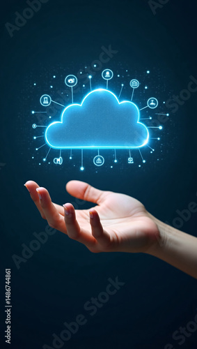 A hand is holding a digital cloud connected with network system. The network system is connecting different type of icon, showing the modern technology 