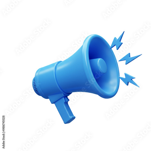 Dynamic blue megaphone illustration with stylized graphic elements