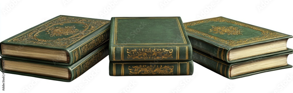 Fototapeta premium Stacked antique-style books, dark teal green covers with gold trim