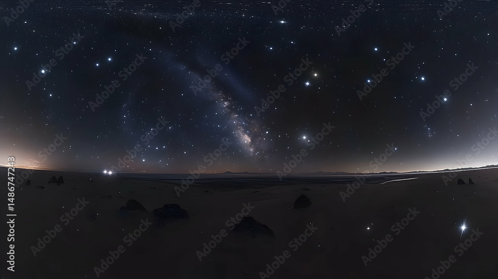 Obraz premium Milky Way Panorama Over Dark Beach with Distant Lights and Scatt