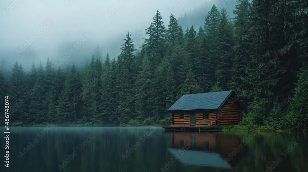 Fototapeta premium Misty lake cabin tranquil forest scene nature photography