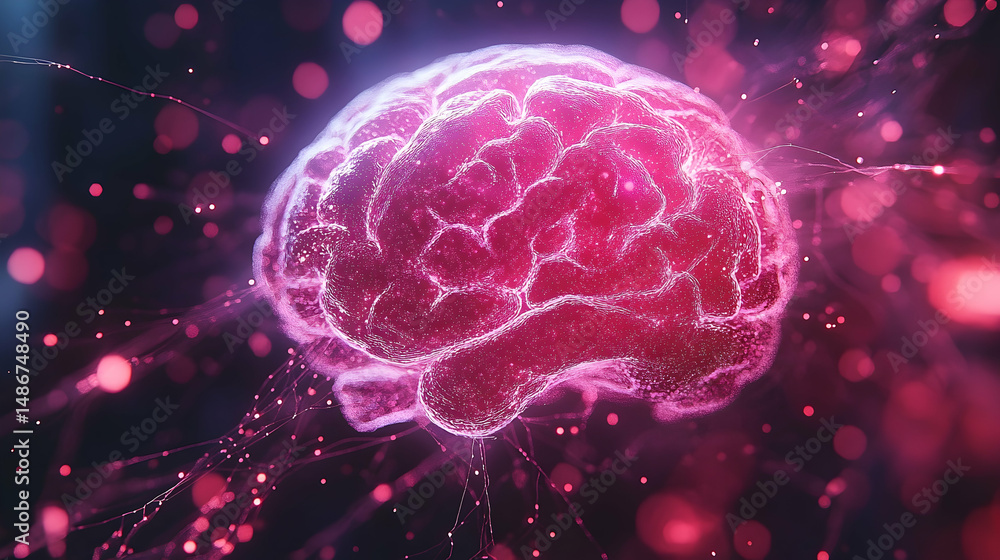 Glowing Pink Brain with Neural Connections and Bokeh Lights on D Glowing Pink Brain with Neural Connections and Bokeh Lights on D