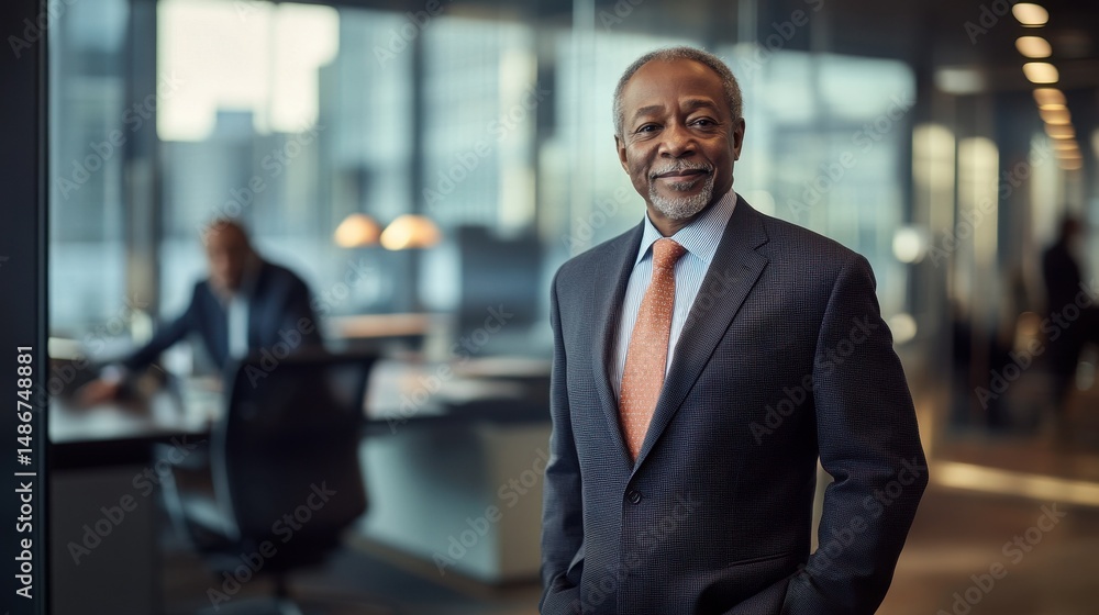Fototapeta premium A confident senior African American businessman poses in an elegant office setting, showcasing professionalism and leadership in a modern corporate environment.