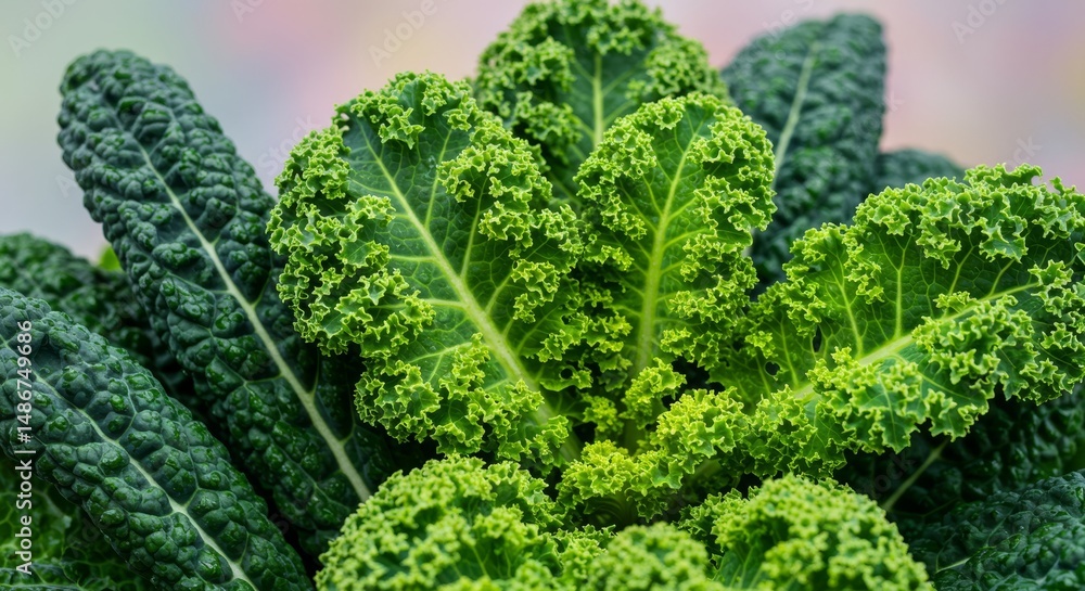 Obraz premium Fresh Vibrant Kale Leaves Displaying Textural Richness and Verdant Colors