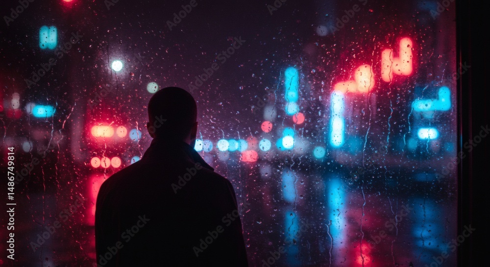 A figure gazes out at the rain-streaked city lights, a moment of quiet contemplation amidst the vibrant urban scenery. Solitude in city. A figure gazes out at the rain-streaked city lights, a moment of quiet contemplation amidst the vibrant urban scenery. Solitude in city.