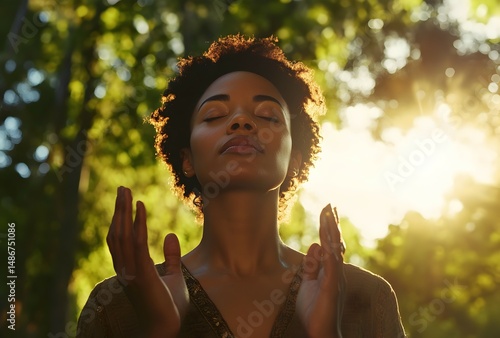 A woman looking up at the sky in prayer