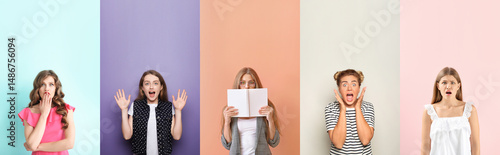 Set of surprised women on c...