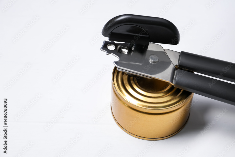 Obraz premium Can opener and tin on white wooden table, closeup. Space for text