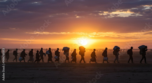 Silhouetted Migrants in Dusty Plain at Sunset
