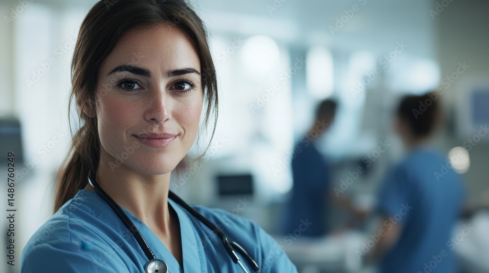 A confident young European female nurse poses in a modern healthcare environment, showcasing dedication to patient care and teamwork in the medical field. A confident young European female nurse poses in a modern healthcare environment, showcasing dedication to patient care and teamwork in the medical field.