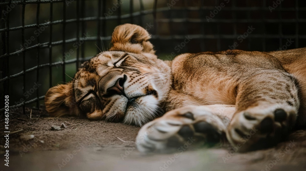 Naklejka premium Young lion cub sleeping peacefully near wire fence wildlife nature photography
