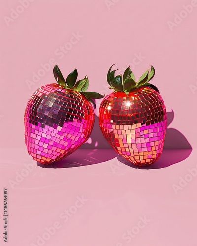 Vibrant strawberries with a glossy finish sit on a pink background, casting a soft shadow.