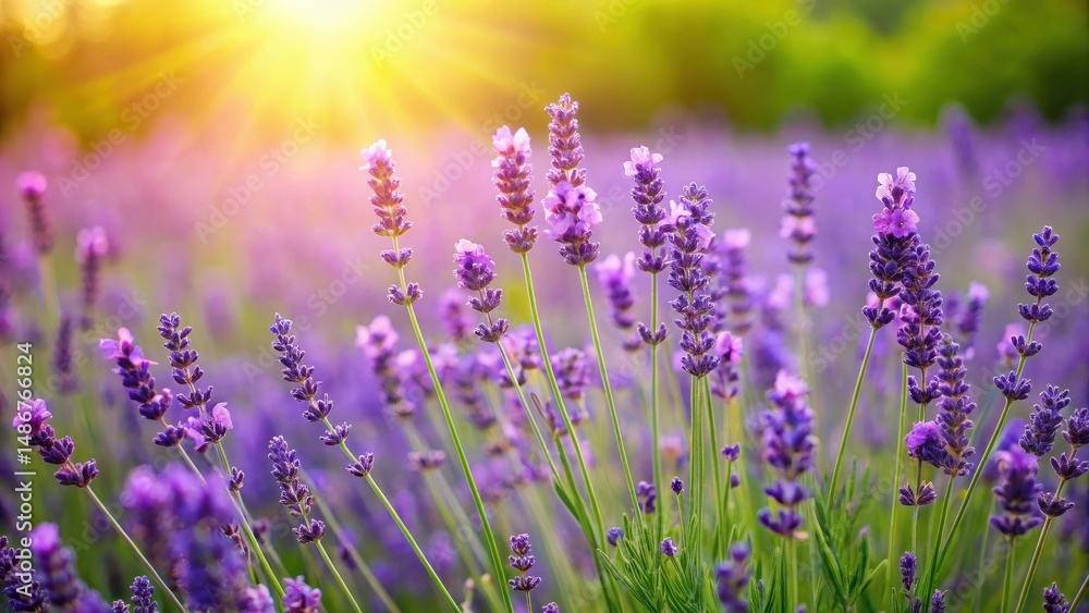 Obraz premium Lavender flowers blooming in a lush green meadow with gentle breeze, landscape, blooms