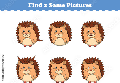 Funny cartoon hedgehog. Find two same pictures. Educational game for children. Cartoon vector illustration