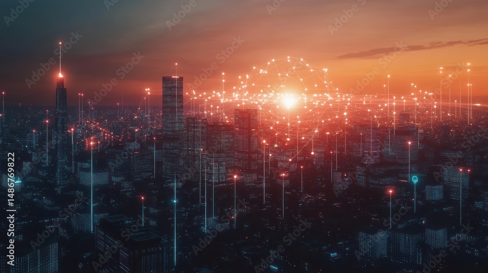 Fototapeta premium Futuristic cityscape with glowing network connections and sunset ambiance