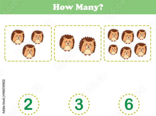 Counting game of wild animals for preschool kids. Counting hedgehog. Printable. Vector Illustration