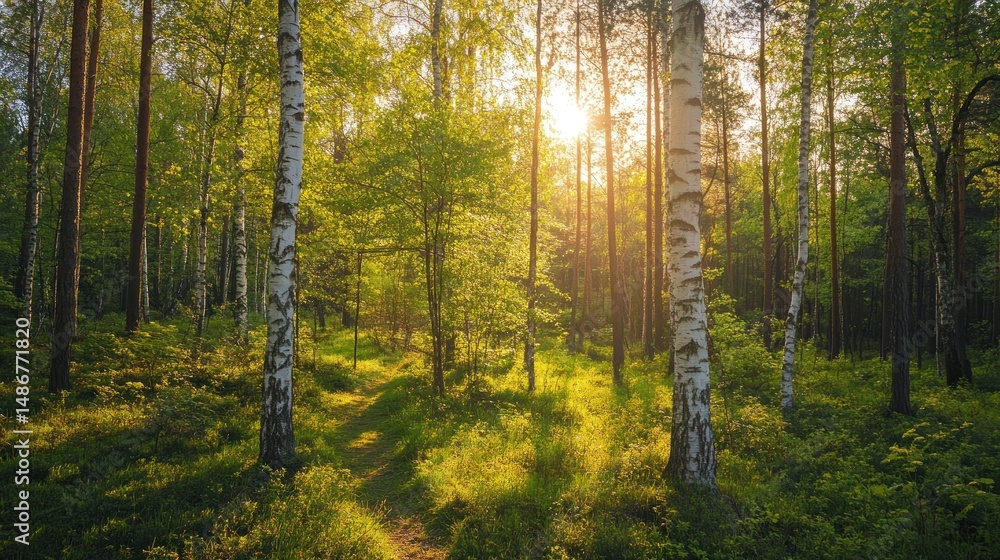 Fototapeta premium Sunlit path through birch forest, dappled light and shadows on lush green undergrowth