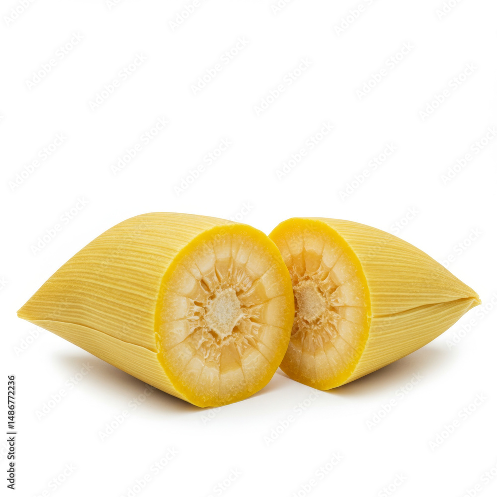 Brazilian Pamonha Cut in Half Showing Creamy Corn Filling on White Background Brazilian Pamonha Cut in Half Showing Creamy Corn Filling on White Background