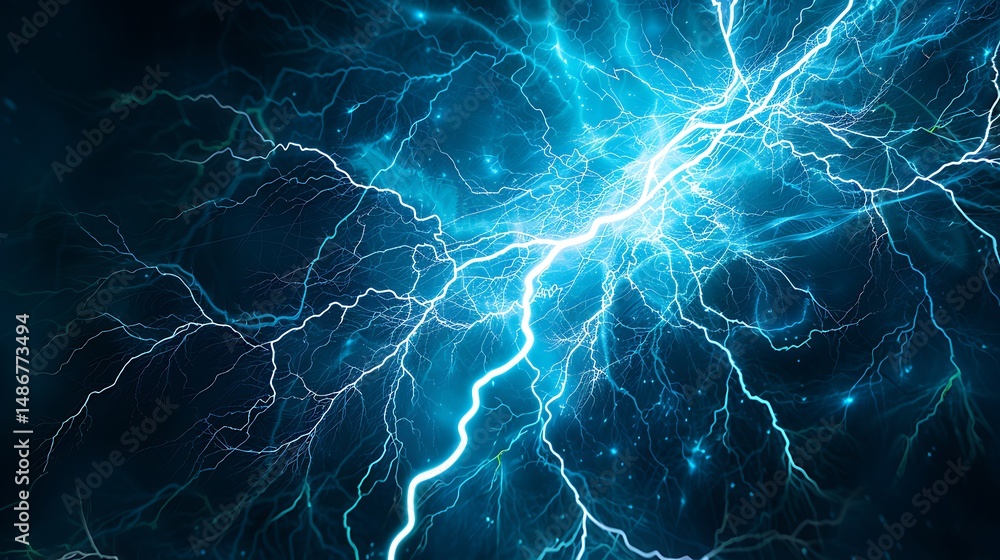 Fototapeta premium Bright Blue Lightning Strike Against A Dark Night Sky Background