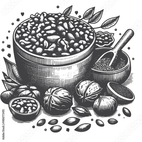 Vintage Hand-Drawn Healthy Eating with Nuts and Seeds Illustration – Natural Snack Ideas Vector for T-Shirts, Posters, Stickers, and Wellness Themes Apparel