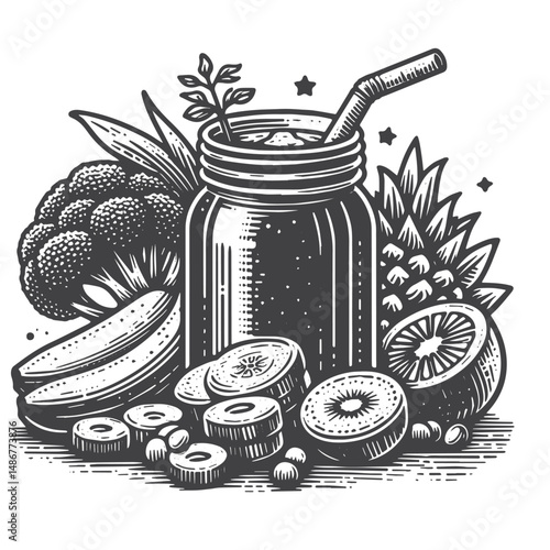 Vintage Hand-Drawn Healthy Eating with Smoothies Illustration – Nutritious Beverage Ideas Vector for T-Shirts, Posters, Stickers, and Wellness Themes Apparel