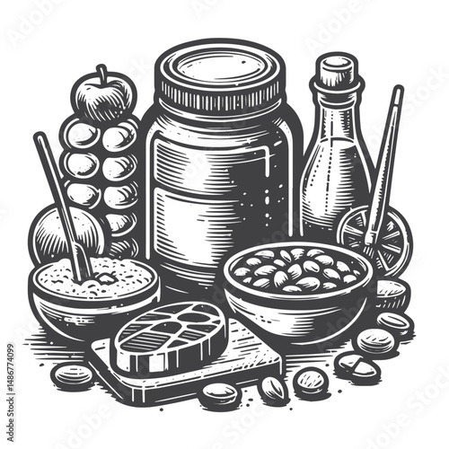 Vintage Hand-Drawn Healthy Eating with Lean Protein Illustration – Nutritious Protein Sources Vector for T-Shirts, Posters, Stickers, and Wellness Themes Apparel