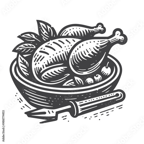 Vintage Hand-Drawn Healthy Eating with Grilled Chicken Illustration – Nutritious Lean Protein Vector for T-Shirts, Posters, Stickers, and Wellness Themes Apparel