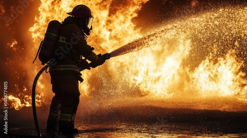 A brave firefighter combats intense flames with powerful water