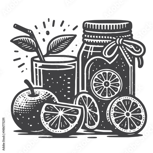 Vintage Hand-Drawn Healthy Eating with Green Juice Illustration – Refreshing Detox Beverage Vector for T-Shirts, Posters, Stickers, and Wellness Themes Apparel