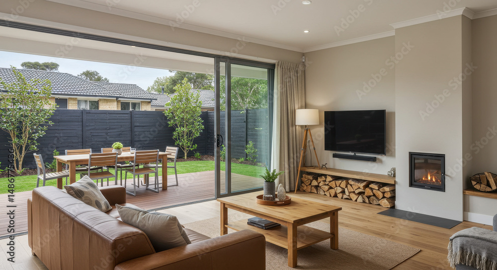 Fototapeta premium Modern Living: Stylish Interior Design with Fireplace, Outdoor Patio, and Natural Light ? Home Decor Inspiration