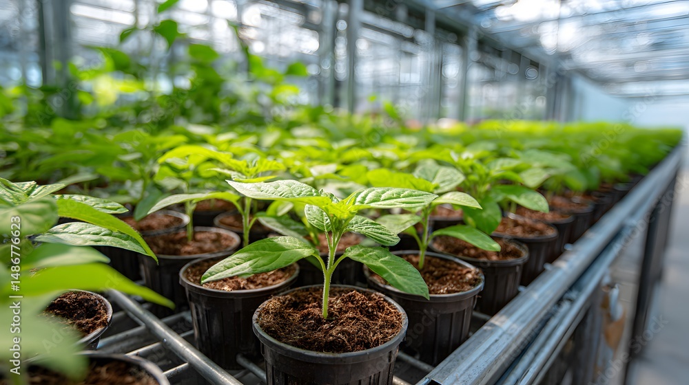 Rows of young green plants sprout from soil-filled pots inside a greenhouse, ready to grow into mature crops under controlled conditions. Rows of young green plants sprout from soil-filled pots inside a greenhouse, ready to grow into mature crops under controlled conditions.
