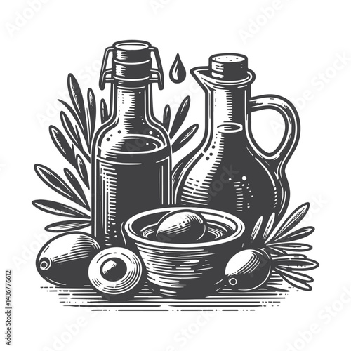 Vintage Hand-Drawn Healthy Eating with Olive Oil Illustration – Nutritious Mediterranean Oil Vector for T-Shirts, Posters, Stickers, and Wellness Themes Apparel