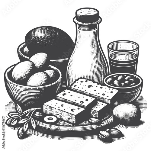 Vintage Hand-Drawn Healthy Eating with Olive Oil Illustration – Nutritious Mediterranean Oil Vector for T-Shirts, Posters, Stickers, and Wellness Themes Apparel