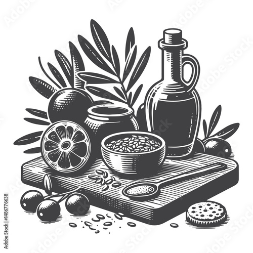 Vintage Hand-Drawn Healthy Eating with Olive Oil Illustration – Nutritious Mediterranean Oil Vector for T-Shirts, Posters, Stickers, and Wellness Themes Apparel