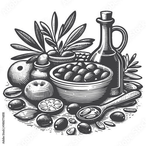 Vintage Hand-Drawn Healthy Eating with Olive Oil Illustration – Nutritious Mediterranean Oil Vector for T-Shirts, Posters, Stickers, and Wellness Themes Apparel