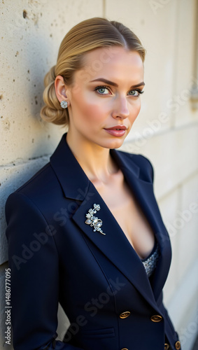 Portrait of a beautiful woman leaning against a wall, her elegant appearance highlighted by sophisticated attire. Her serene gaze suggests confidence and poise